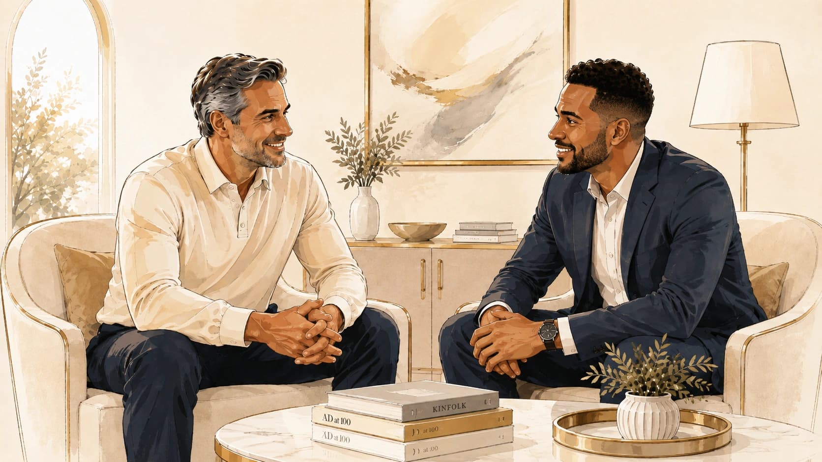Watercolor illustration of two leaders sharing a relaxed conversation in a warm, sunlit living room.